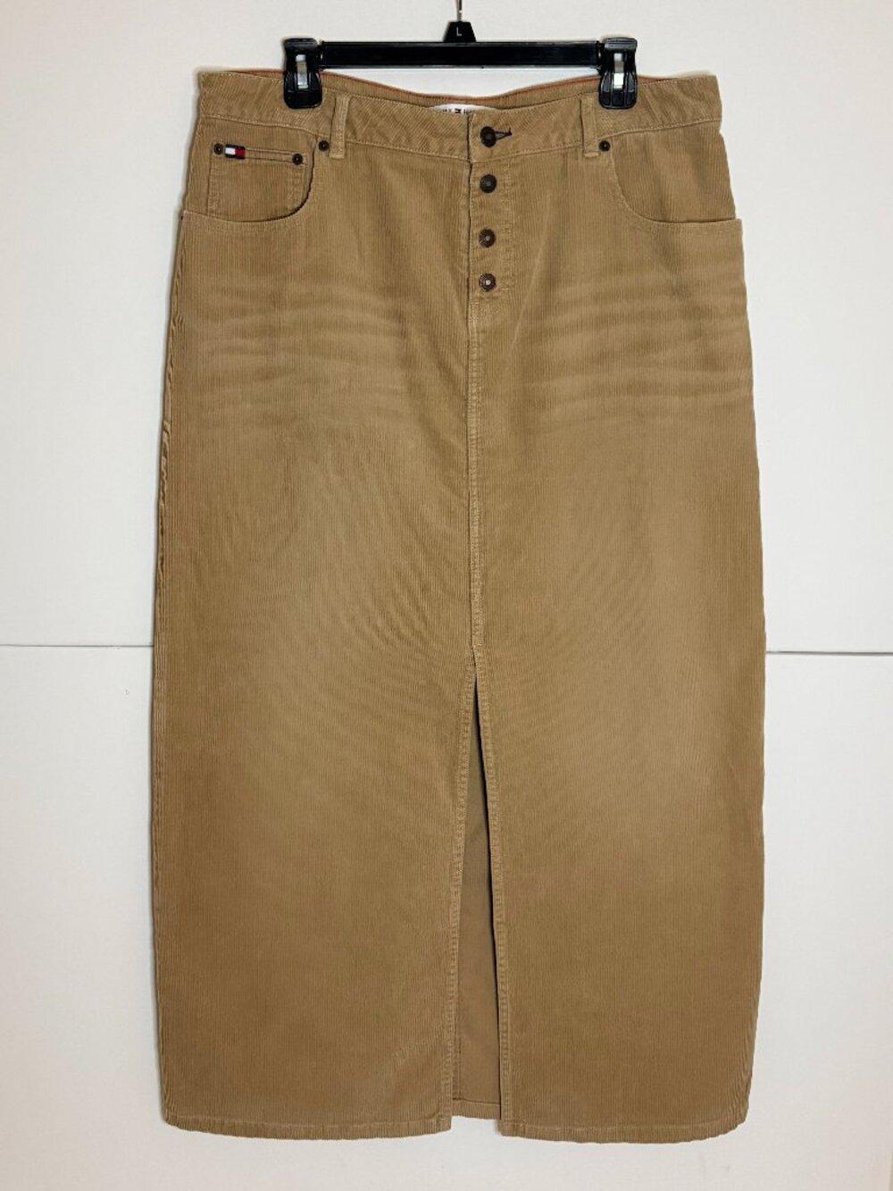 Tommy Hilfiger Fall Tan Corduroy Button Fly Front Slit Pencil Midi Skirt Size 14